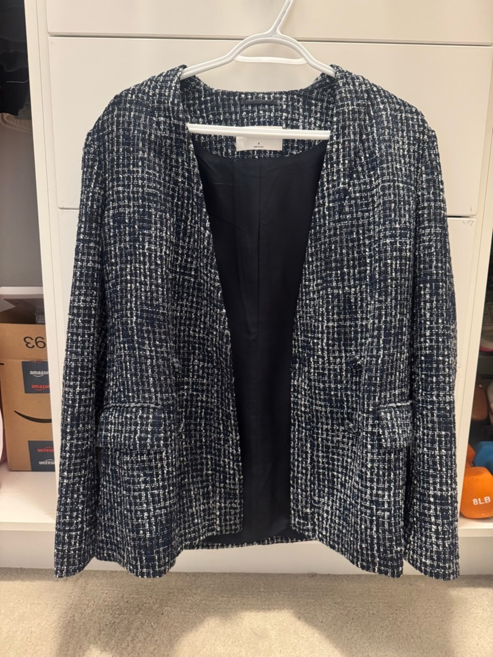 Aritzia Navy and White Tweed Open-Front Blazer